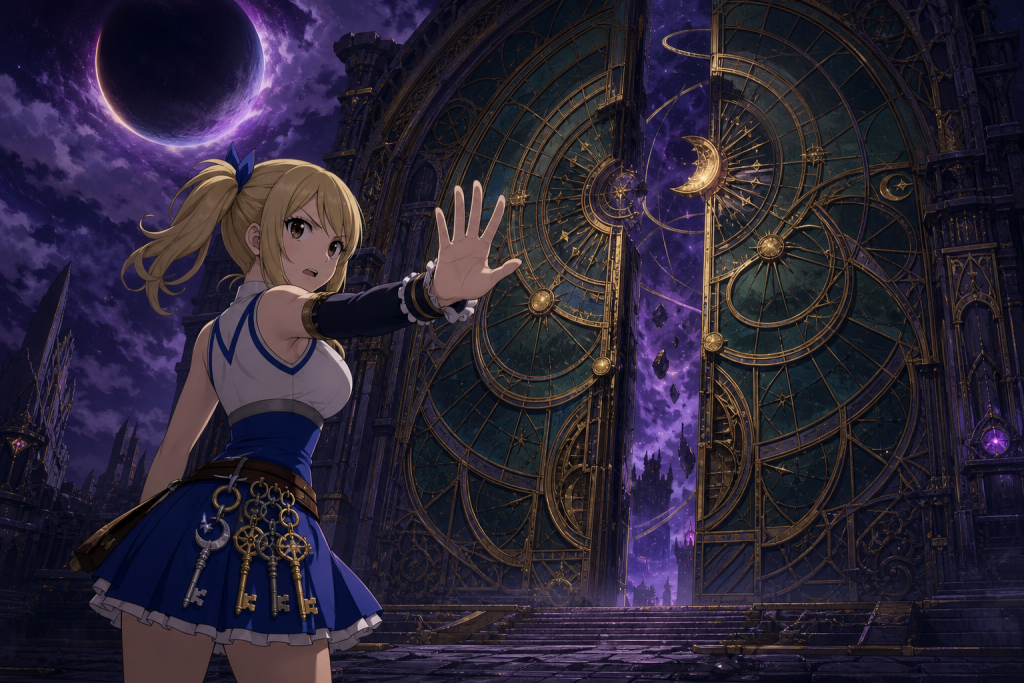 Lucy Heartfilia steps toward the opening Eclipse Gate as its Celestial Spirit mechanism glows above Mercurius