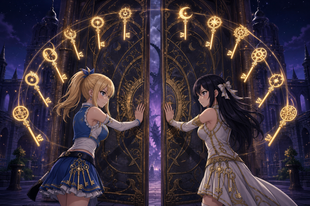 Lucy Heartfilia and Yukino Agria summon the twelve Zodiac Spirits to close the glowing Eclipse Gate