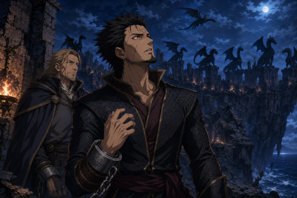 Cobra arrives in restraints beside Doranbolt as Natsu senses the seventh Dragon Slayer across burning Crocus