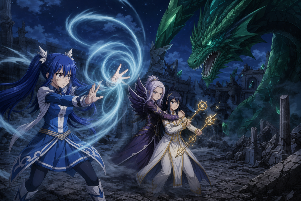 Fully clothed Wendy Marvell braces against Zirconis with Sky Dragon Slayer wind while Mirajane protects Yukino behind her