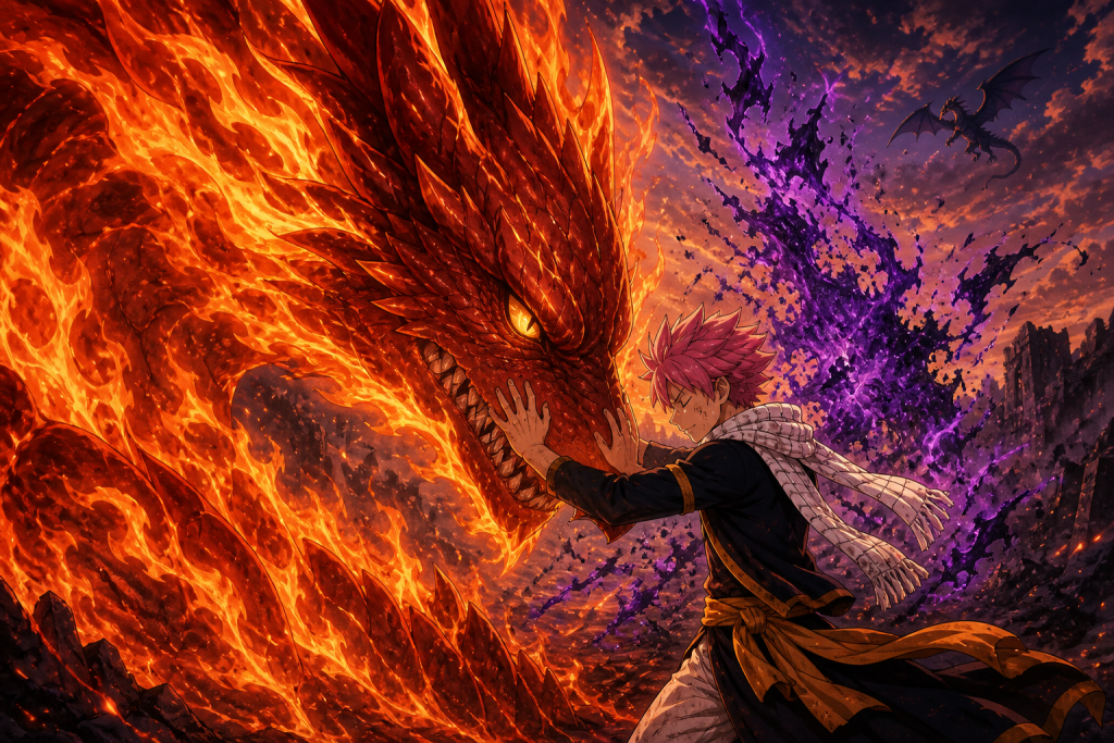 Natsu stands beside Atlas Flame as the fire dragon breaks Future Rogue's control and turns toward Motherglare
