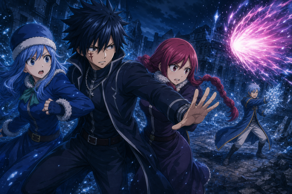 Gray pushes Juvia and Meredy away from a blind-side hatchling attack as Lyon turns toward the danger