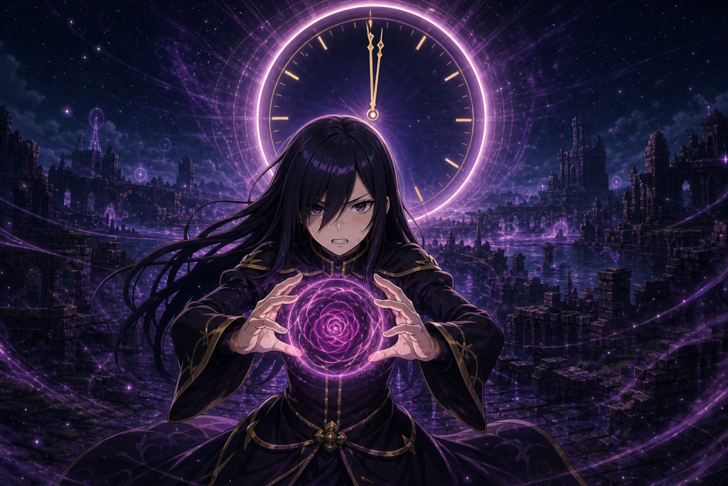 Ultear casts Last Ages beneath a clock as one glowing minute spreads across the endangered people of Crocus