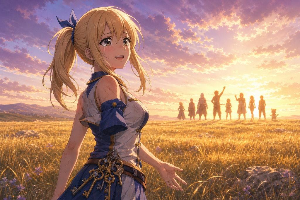 Future Lucy enters a golden field where the Fairy Tail family lost in her timeline waits for her