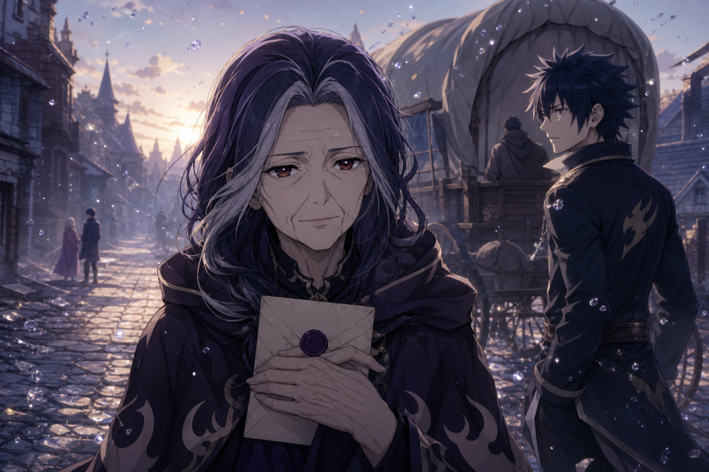 Elderly Ultear holds her farewell letter in a quiet Crocus street while Gray passes in a guild wagon and senses something familiar