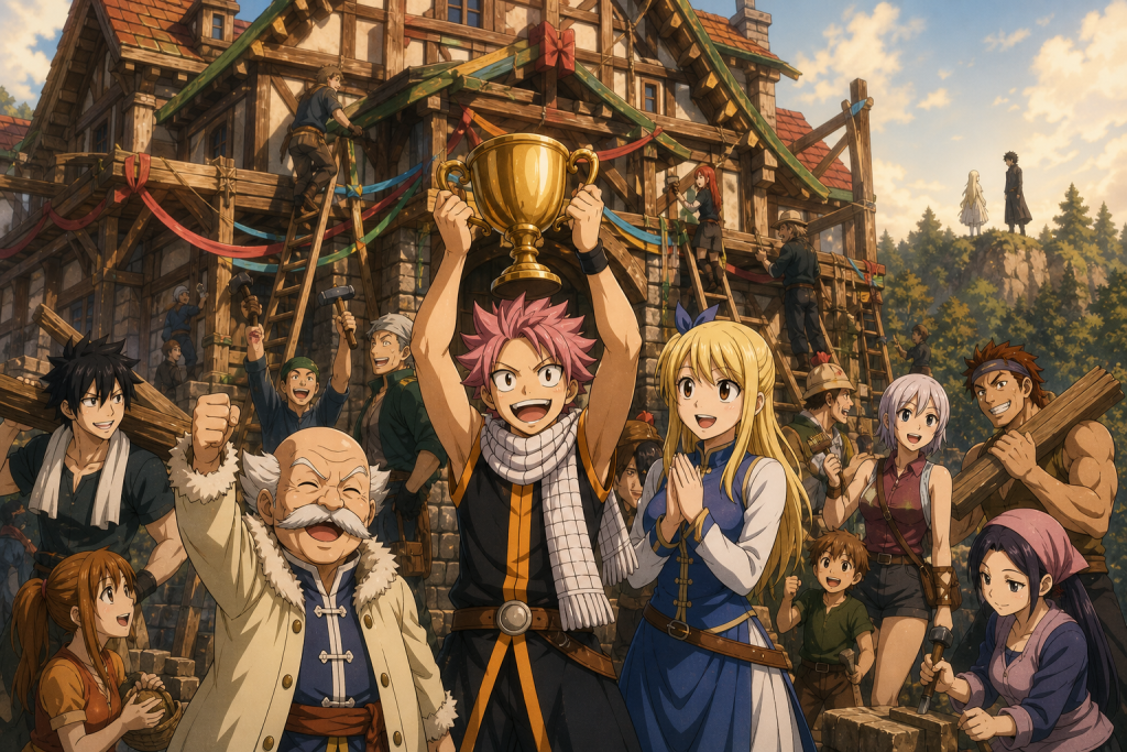 Makarov and Fairy Tail members see their restored Magnolia guildhall while townspeople celebrate and Mavis faces Zeref in a distant forest silhouette