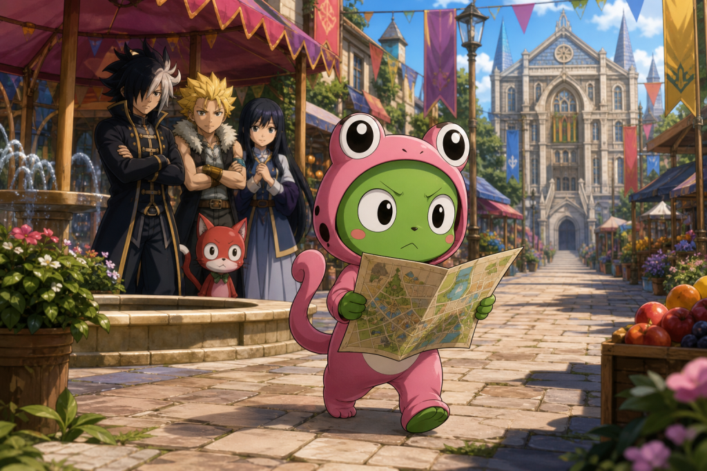 Frosch in a pink frog suit follows a town map toward Sabertooth while Rogue, Sting, Yukino, and Lector watch supportively from a respectful distance.