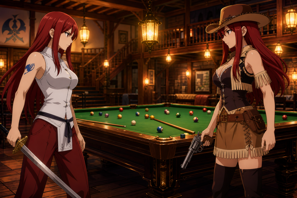 Erza in Clear Heart Clothing faces the red-haired gunfighter Bisca Moulin Rouge across a billiards table while a Fairy Tail guild sign remains safely in the background.