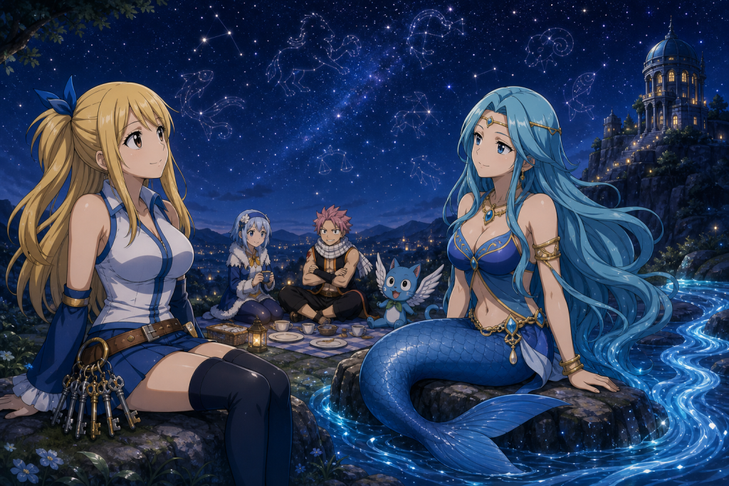 Lucy and Aquarius sit together beneath the stars at Star Hill while Yukino, Natsu, and Happy rest near a finished Celestial Spirit reception picnic.