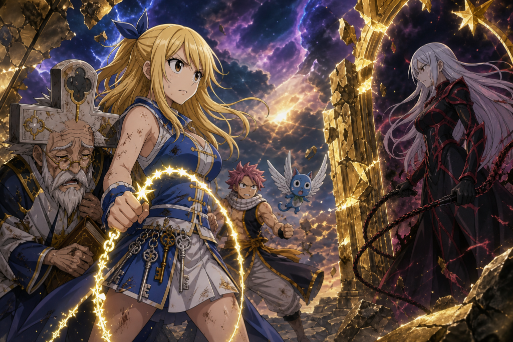 Lucy protects injured Crux with her star whip while transformed Virgo stands beyond a fractured golden gate and Natsu and Happy guard Lucy retreat.