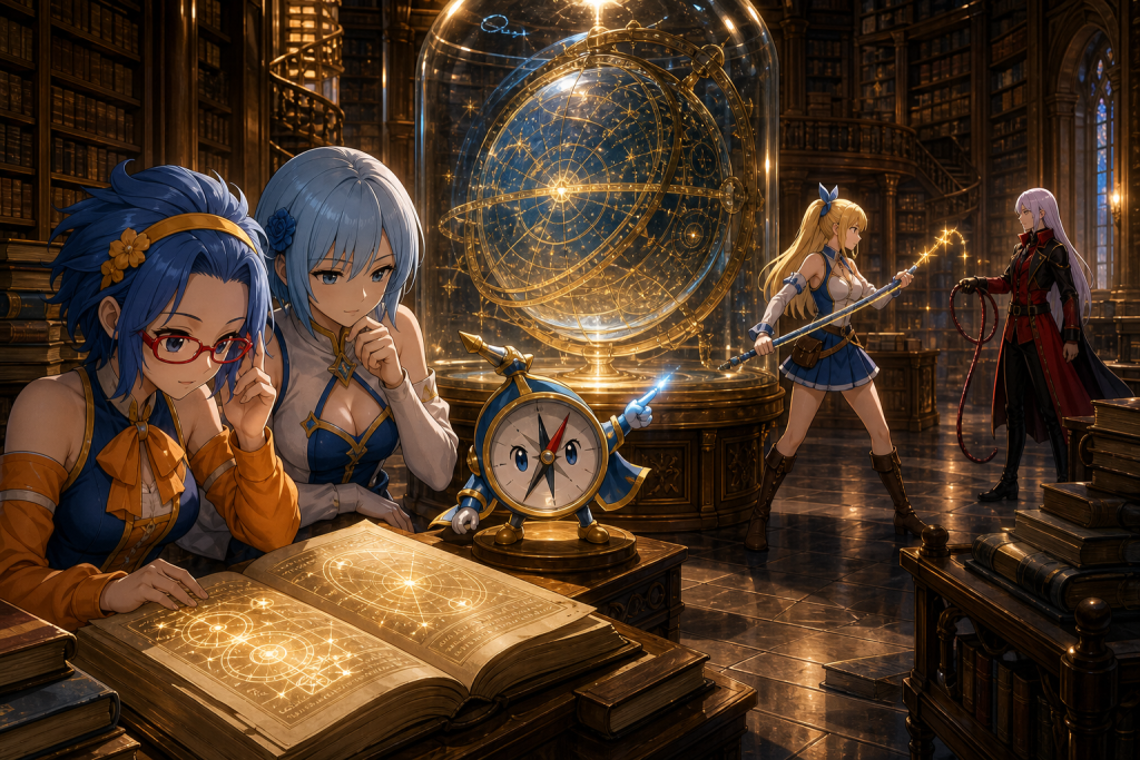 Levy uses Gale-Force Reading Glasses beside Yukino and Pyxis to locate the glowing Celestial Globe while Lucy blocks transformed Virgo inside the Magic Library.