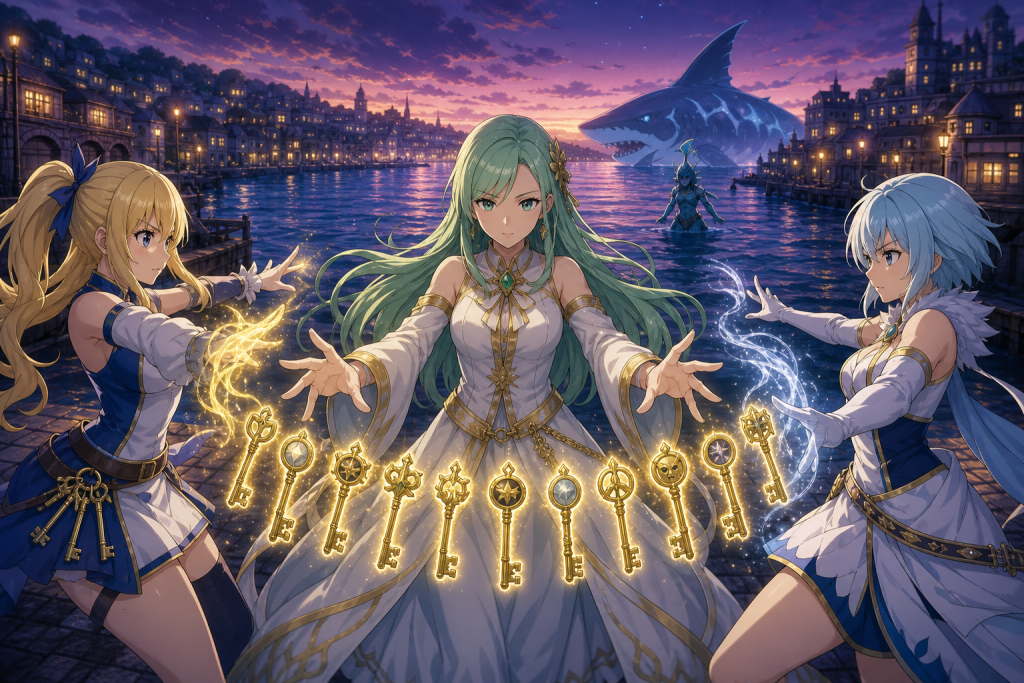 Princess Hisui reveals twelve glowing Celestial Spirit Banishment Keys beside Lucy and Yukino while transformed Pisces approaches across a port-town waterway.