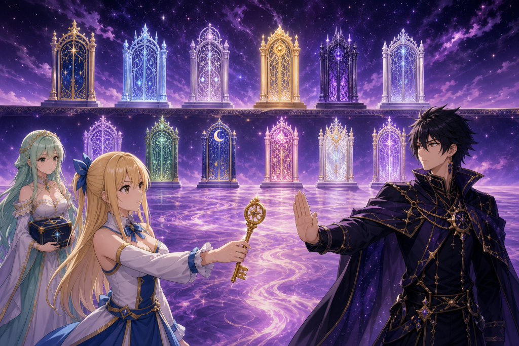 Princess Hisui, Lucy, and Leo face twelve glowing palace gates in Astral Spirytus in the Fairy Tail Episode 208 React hero.