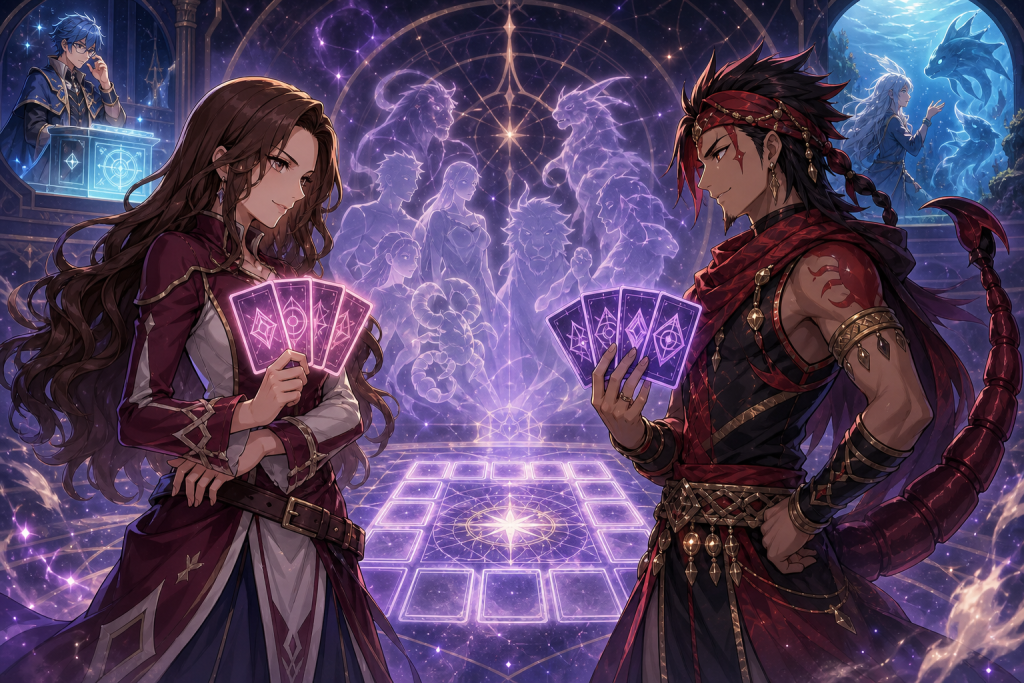 Cana faces Scorpio across a magical card arena while Levy and Mirajane appear in smaller palace panels in the Fairy Tail Episode 210 React hero.