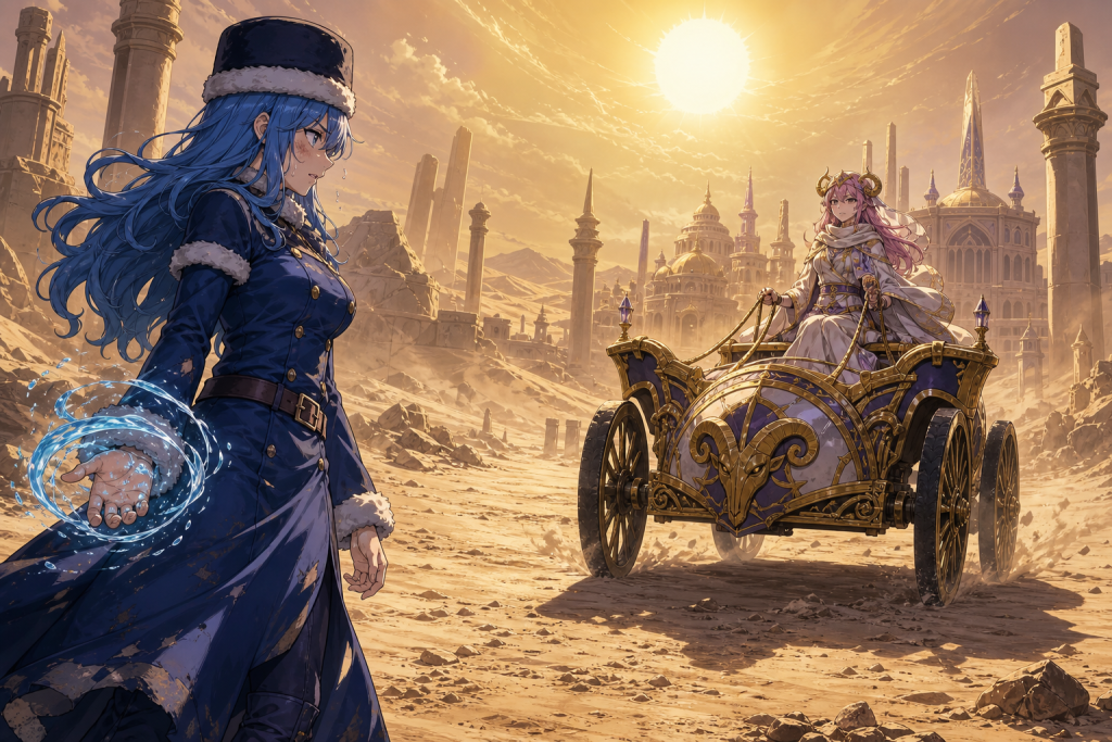 Dehydrated Juvia faces Eclipse Aries on a Magic Four-Wheeler in a sunlit desert in the Fairy Tail Episode 212 React hero.