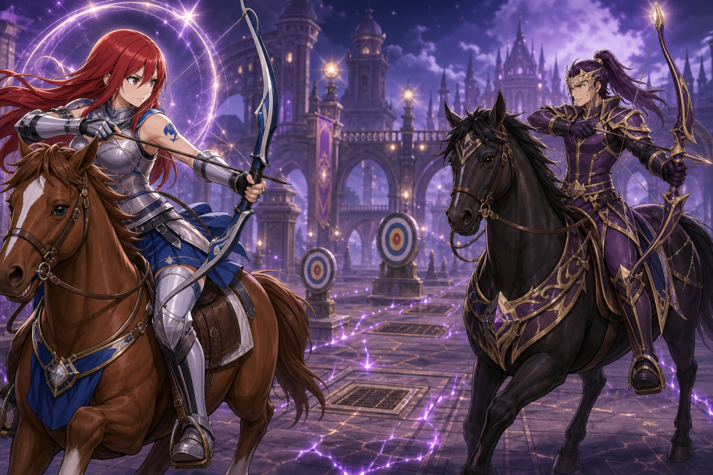 Erza and Eclipse Sagittarius compete on horseback across a magical obstacle course in the Fairy Tail Episode 213 React hero.