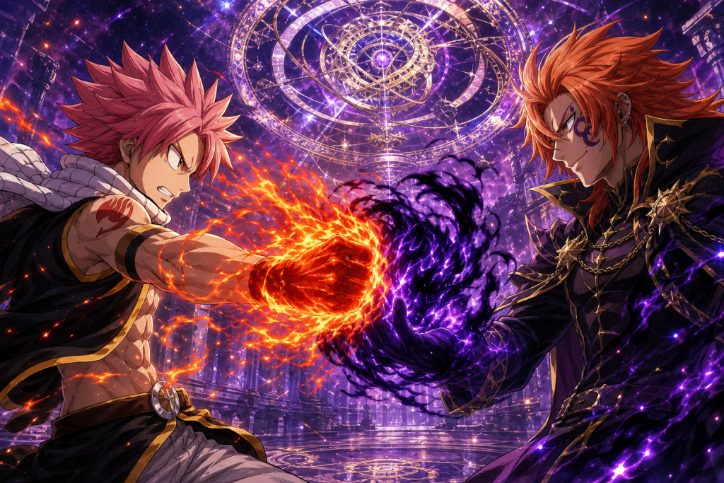 Natsu and Eclipse Leo clash with red and black flames beneath the still-active Liberum astrolabe in the Fairy Tail Episode 214 React hero.