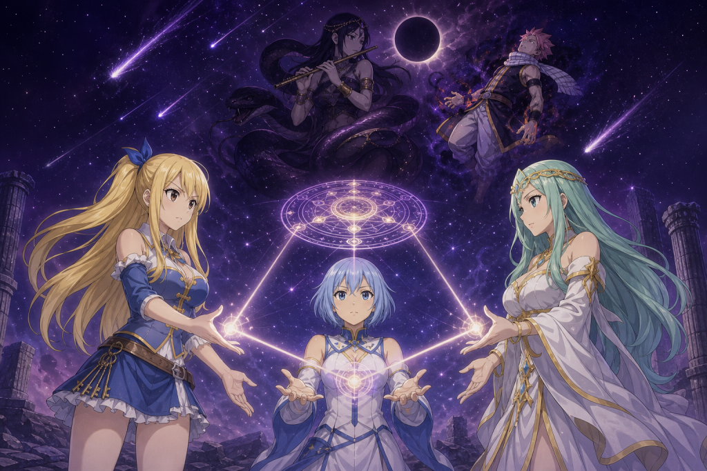 Lucy, Yukino, and Princess Hisui cast Gottfried beneath shooting stars while Ophiuchus controls Natsu in the Fairy Tail Episode 216 React hero.