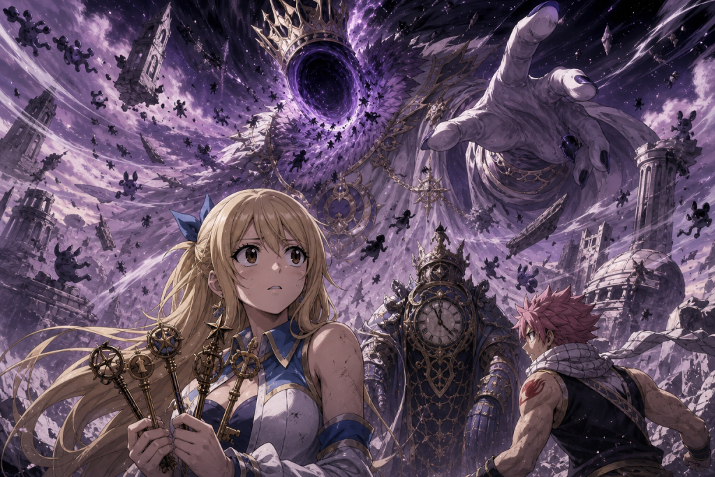 Lucy holds silent gold keys as Natsu and Fairy Tail face the enormous Celestial Spirit Beast over a devastated Spirit World.