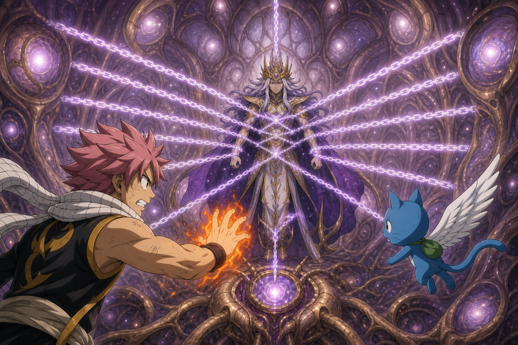 Natsu and Happy reach the luminous core where the original Celestial Spirit King is bound by thirteen chains.