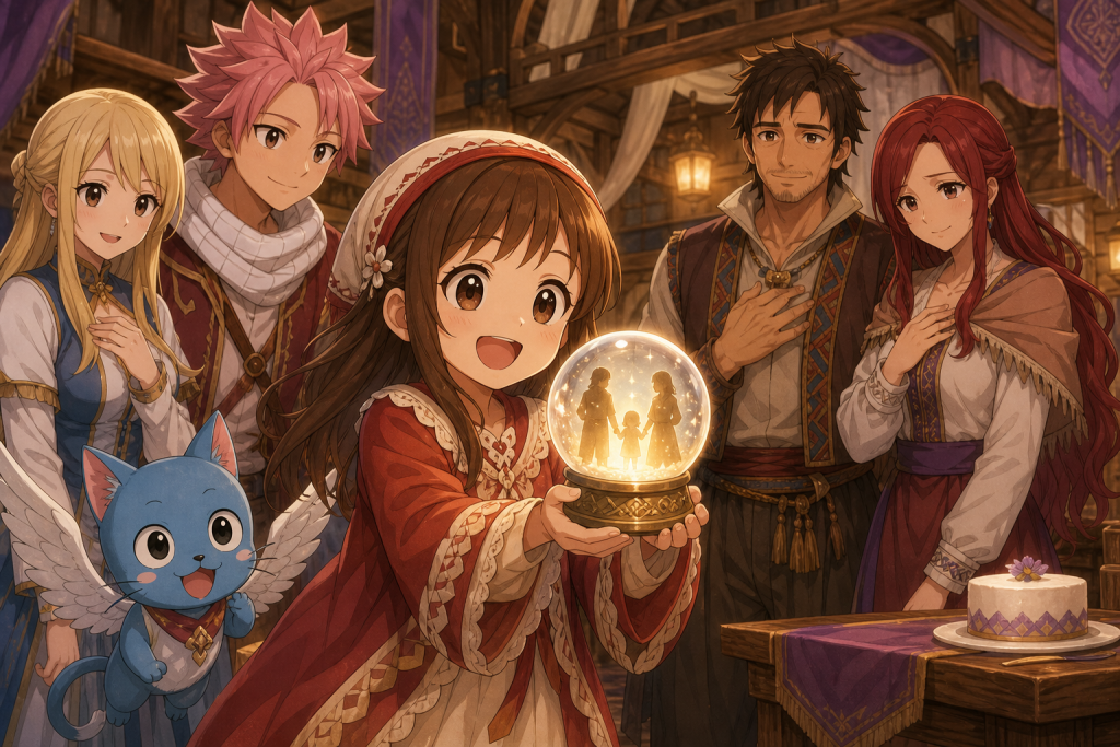 Asuka holds a glowing snow-globe Lacrima while Natsu, Lucy, Happy, Alzack, and Bisca gather in the Fairy Tail guildhall.