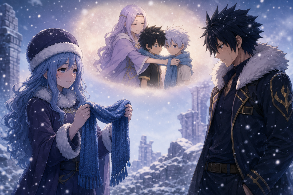 Juvia holds a handmade blue scarf in falling snow while Gray remembers Ur sharing a scarf with him and Lyon.
