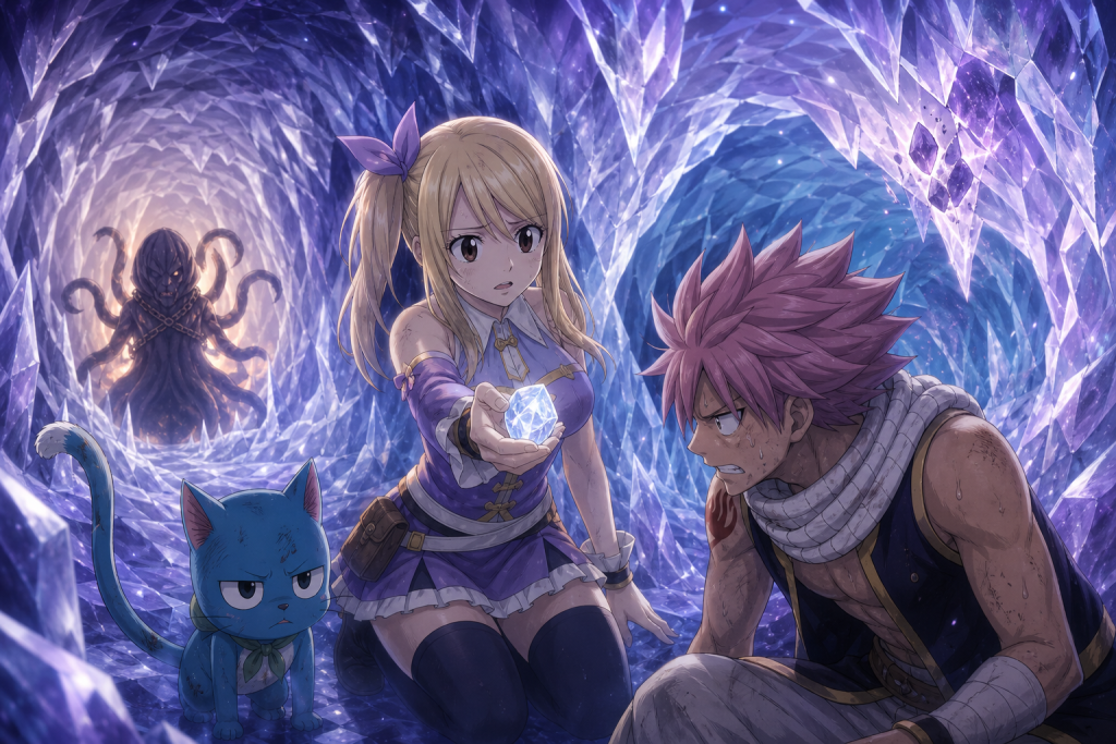 Lucy offers glowing Hakobe Ice to an exhausted Natsu as Happy watches inside a shifting frozen labyrinth.