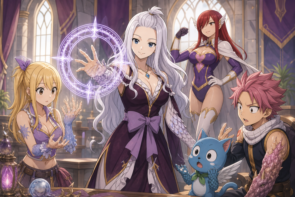 Mirajane demonstrates Transformation Magic to Lucy, Natsu, and Happy while Erza poses as Fairy Woman nearby.