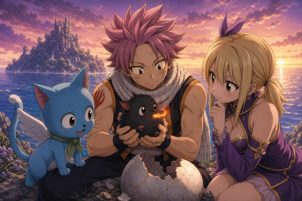 Natsu holds newborn Kemokemo beside Happy and Lucy as a mysterious island rises beyond the sea.