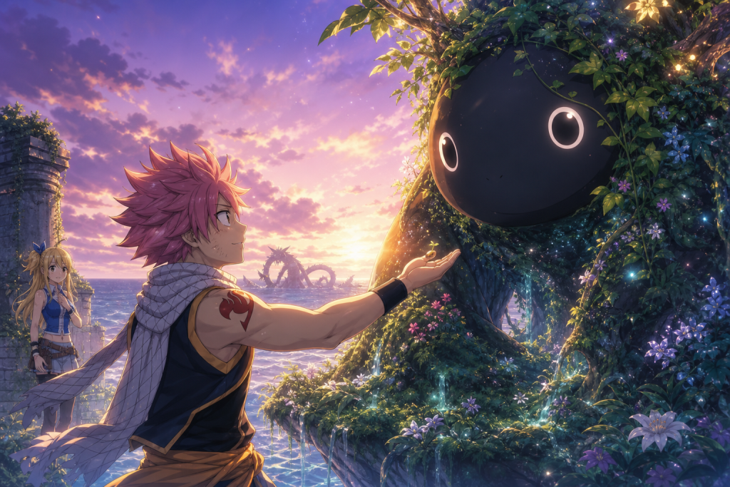 Natsu reaches toward full-grown Kemokemo as the plant god merges with a glowing island forest and leaves one seed behind.