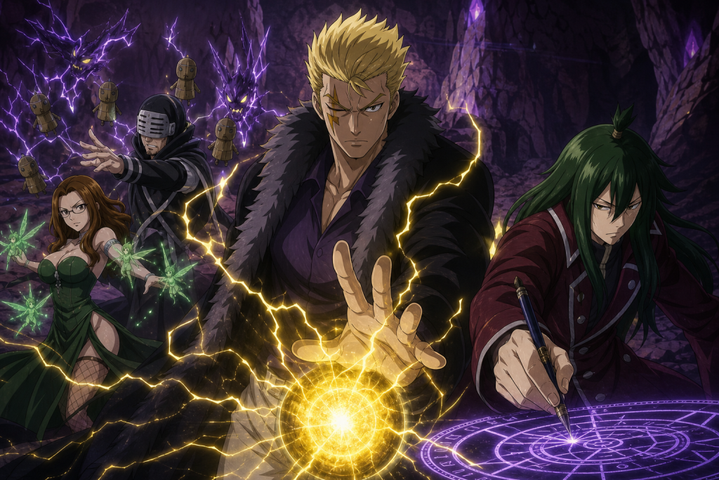 Laxus and the Raijinshū confront a glowing underground lightning core beneath Borwatt Town.