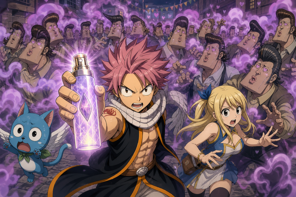 Natsu raises a Deodorant Lacrima while Lucy and Happy flee a crowd of transformed Magnolia residents.