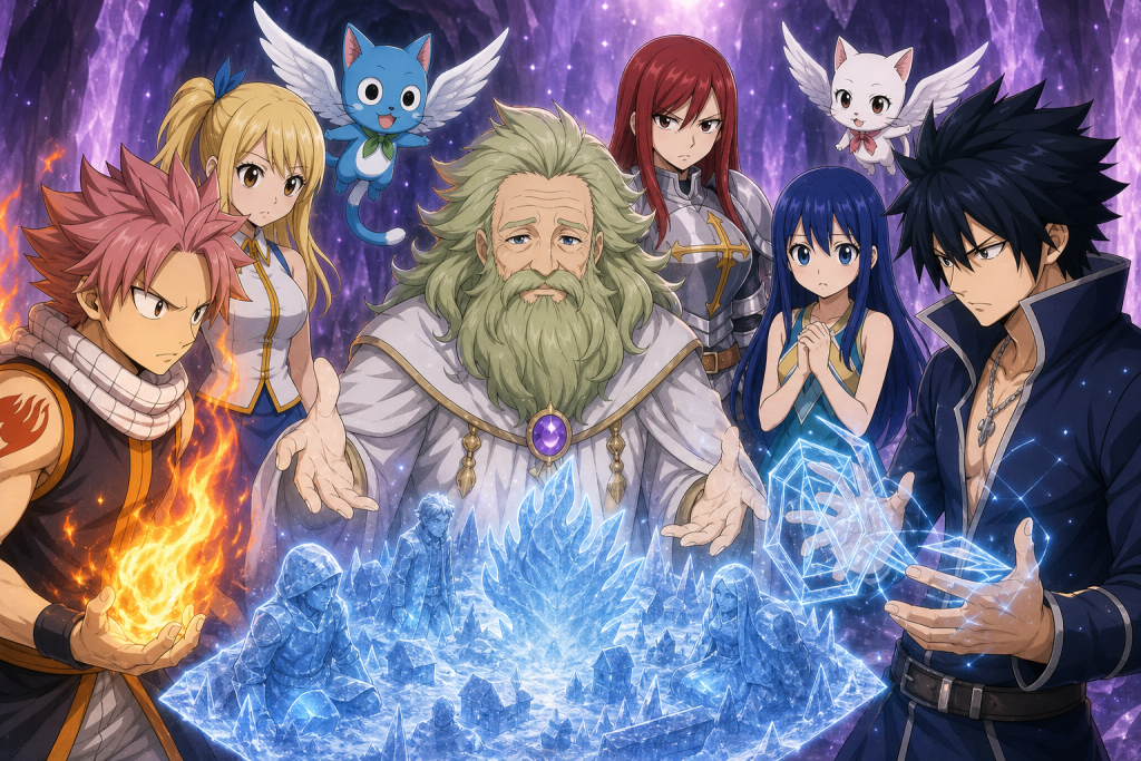 Warrod Sequen presents a frozen village mission to Natsu, Gray, Lucy, Erza, Wendy, Happy, and Carla.