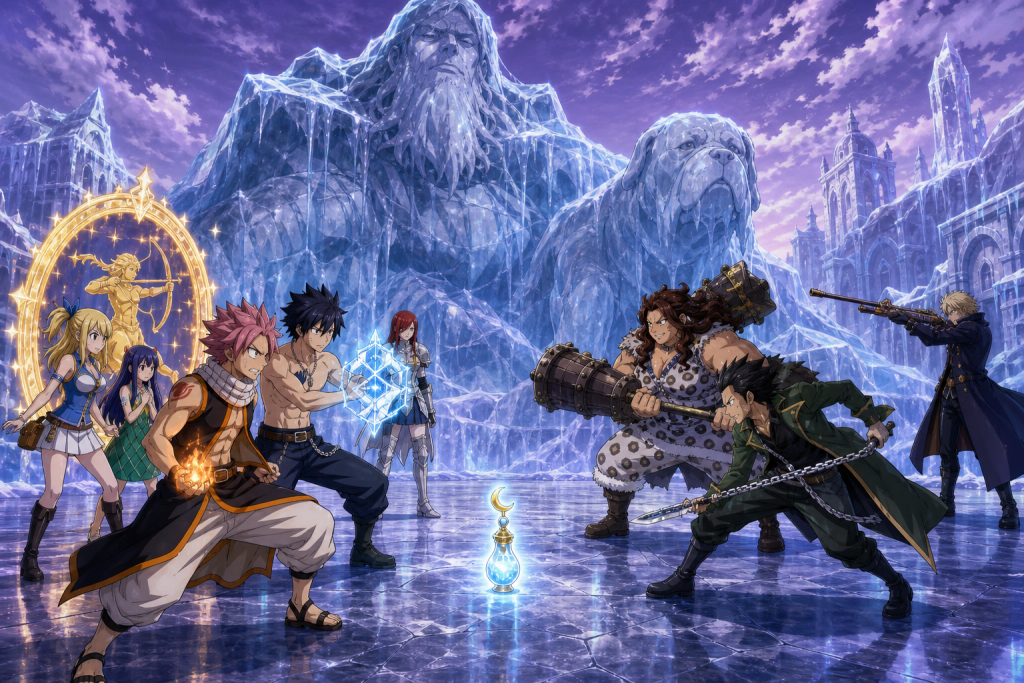 Natsu, Gray, Lucy, Wendy, and Erza confront Sylph Labyrinth inside the frozen giant Sun Village.