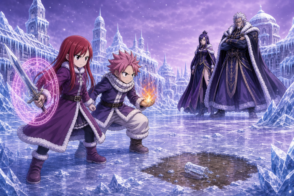 Regressed Erza and Natsu confront Minerva and Doriate as Moon Drip breaks across the frozen Sun Village.