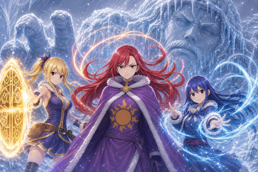 Flare, Lucy, and Wendy defend frozen Sun Village beneath the face and hand of a giant resident.