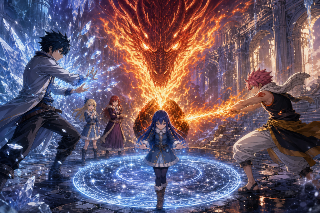 Gray converts magical ice while Natsu rekindles Atlas Flame and Wendy uses Milky Way in Sun Village.
