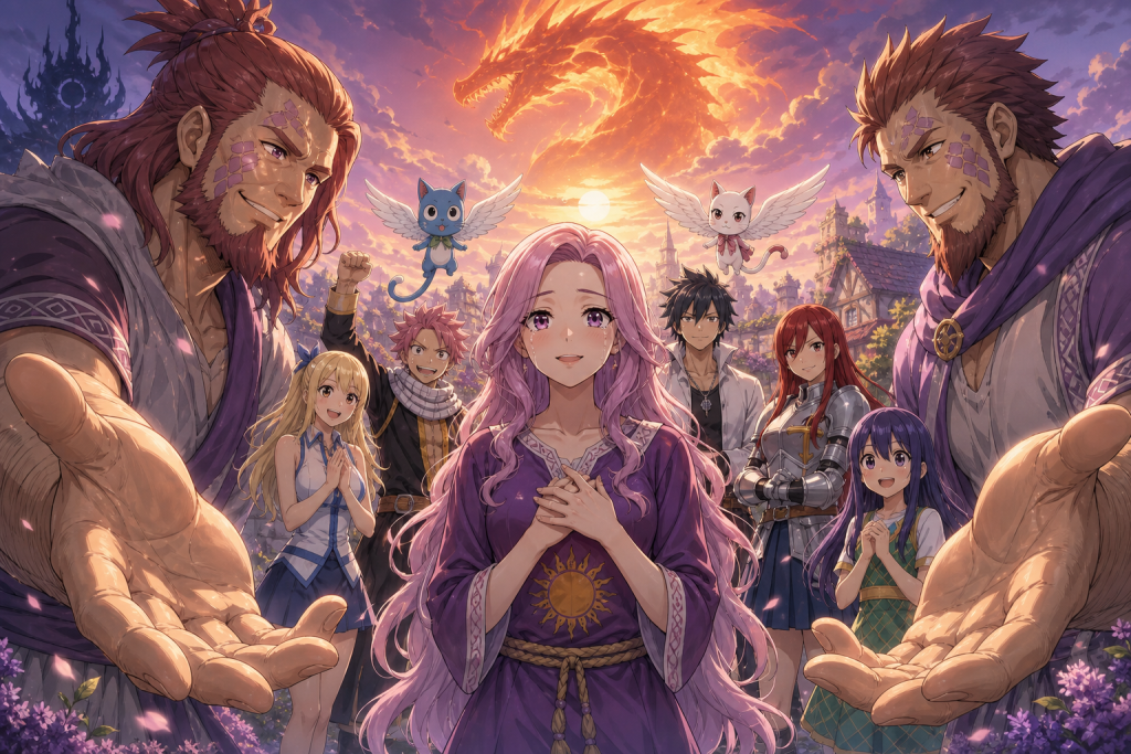 Flare is welcomed by the restored Sun Village while Fairy Tail celebrates and a distant Tartaros gate approaches.
