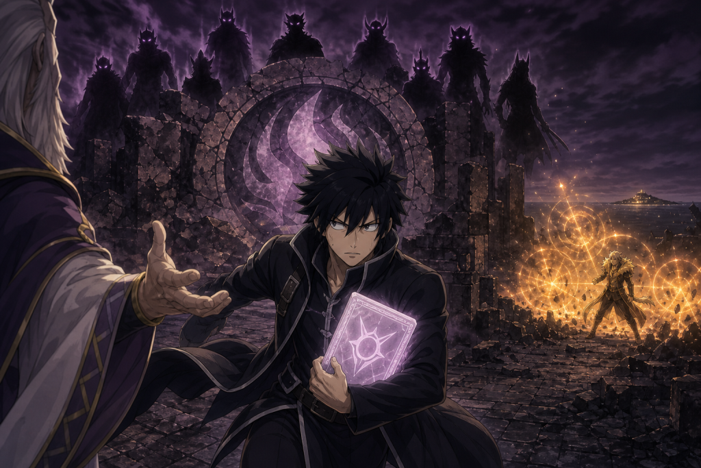 Doranbolt escapes the ruined Magic Council as Jackal stands amid explosions and the Nine Demon Gates gather in shadow.