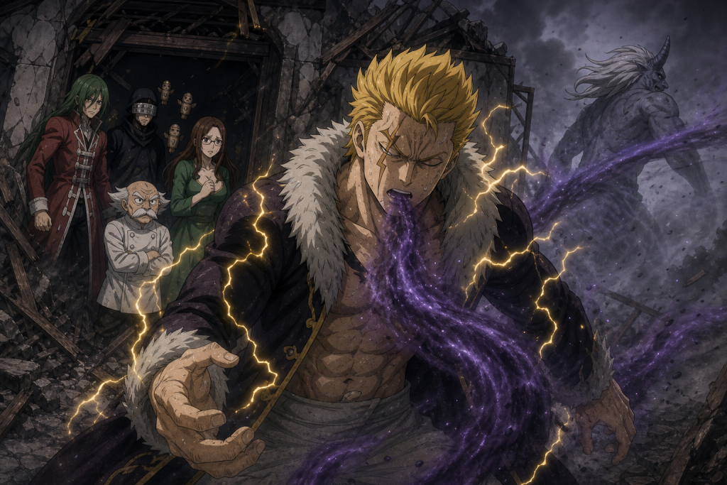 Laxus draws poisonous magical particles away from Yajima, Fried, Bickslow, and Evergreen after fighting Tempester.