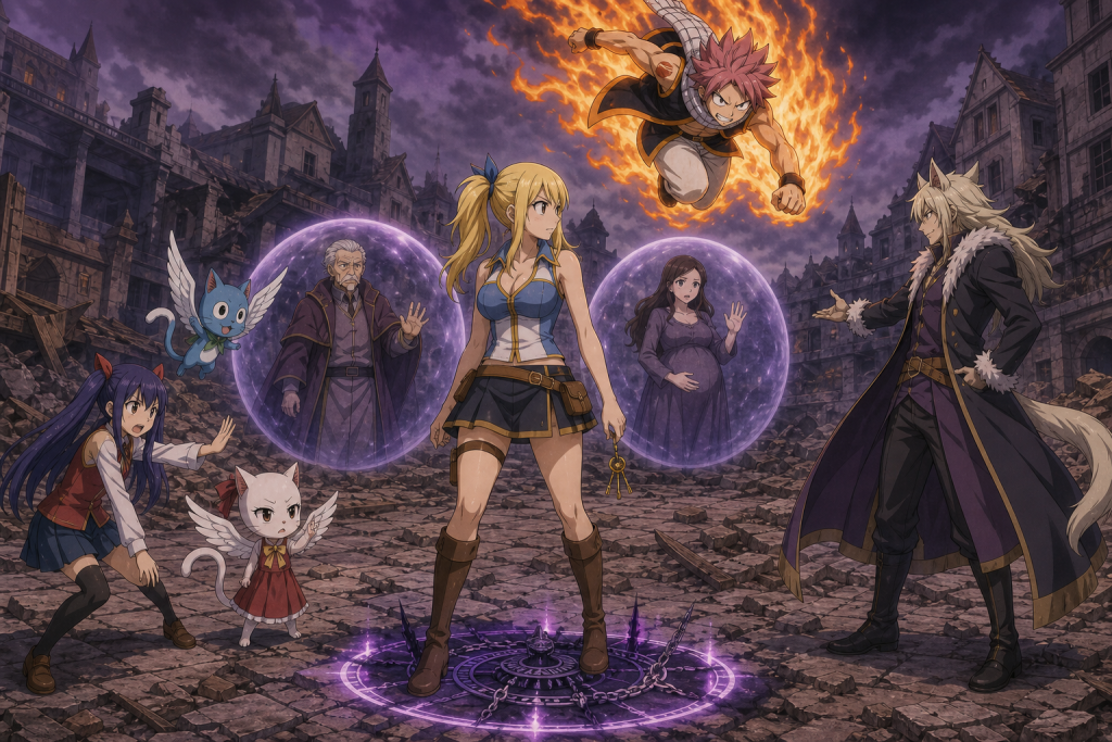 Lucy stands on Jackal's cursed mine while Natsu returns through fire and Wendy protects two threatened civilians.