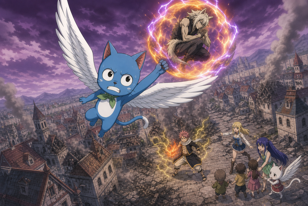 Happy carries the exploding Jackal into the sky while Natsu, Lucy, Wendy, and Carla protect the town below.
