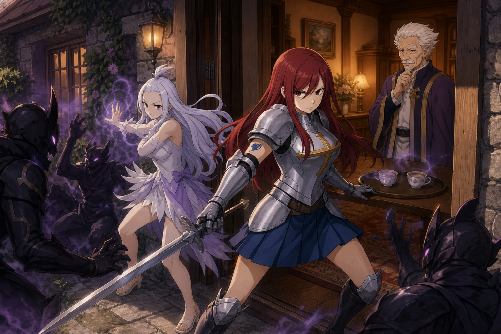Erza and Mirajane defend Crawford's house while the former chairman hides a sleeping agent in their tea.