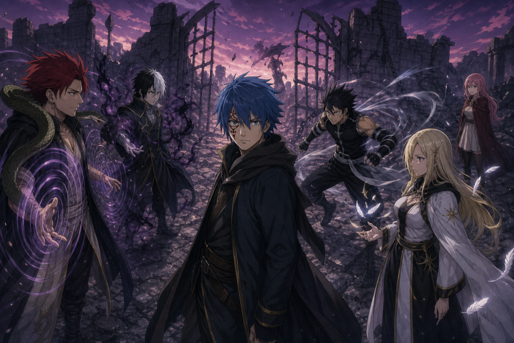 Jellal facing Cobra, Midnight, Racer, and Angel while Meredy watches the contested freedom fight