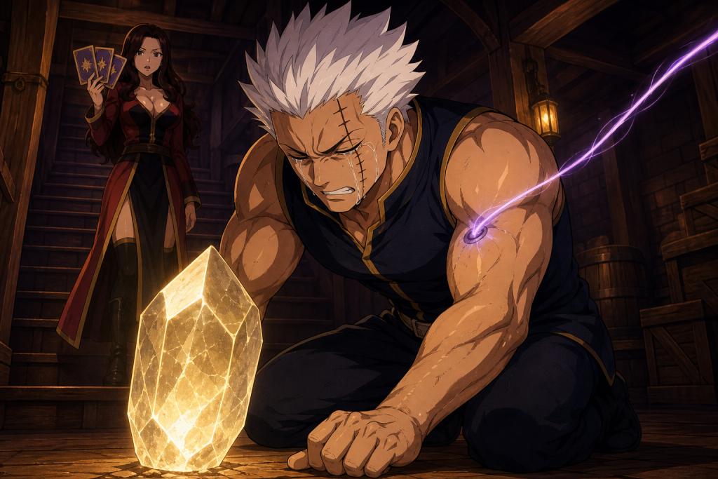 Tearful Elfman under Seilah's Macro installing a glowing lacrima beneath Fairy Tail while Cana notices him