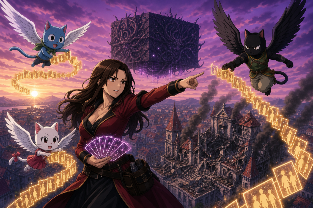Cana directing Happy, Carla, and Panther Lily as they carry card-converted Fairy Tail members toward Cube
