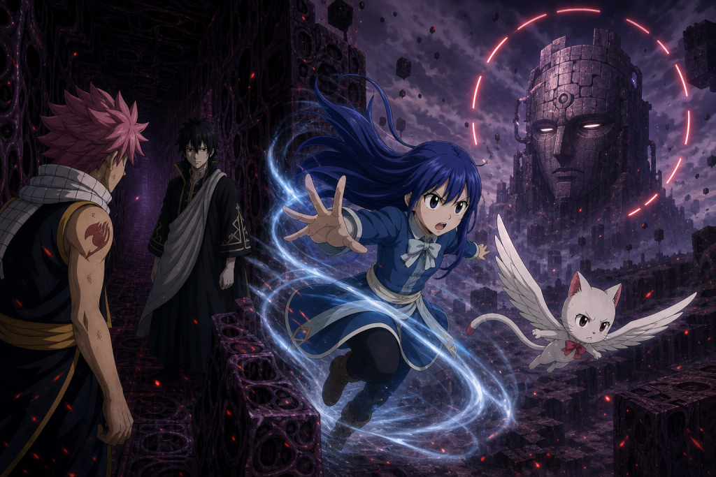 Wendy and Carla leaving Cube toward Face while Natsu confronts Zeref inside stopped time