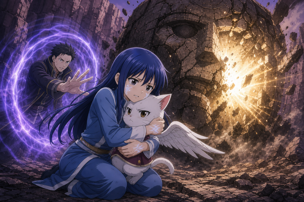 Wendy embracing Carla beside the damaged Face weapon as Doranbolt reaches them before the canyon explosion