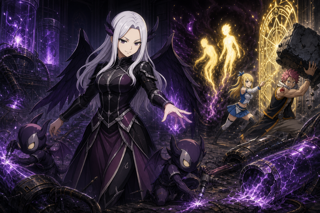Mirajane destroying the Hell's Core resurrection tanks while Lucy frees souls from Franmalth nearby