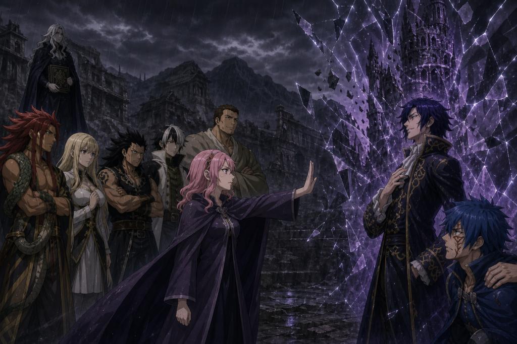 Meredy rejecting Rustyrose's imagined Grimoire Heart tower while Jellal and the former Oración Seis stand behind her